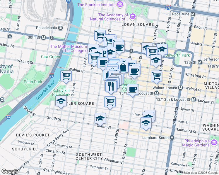 map of restaurants, bars, coffee shops, grocery stores, and more near in Philadelphia
