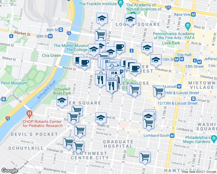 map of restaurants, bars, coffee shops, grocery stores, and more near 259 South 21st Street in Philadelphia