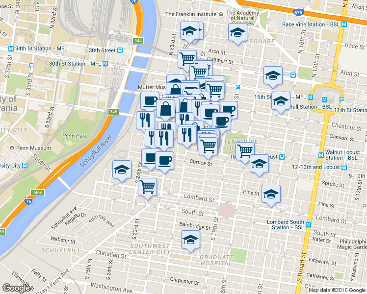 map of restaurants, bars, coffee shops, grocery stores, and more near 2122 Locust Street in Philadelphia