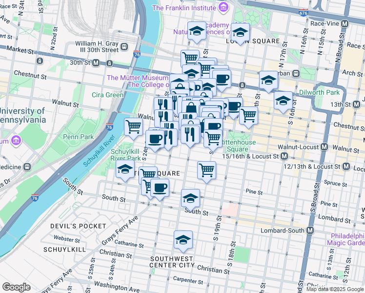 map of restaurants, bars, coffee shops, grocery stores, and more near 253 South Van Pelt Street in Philadelphia