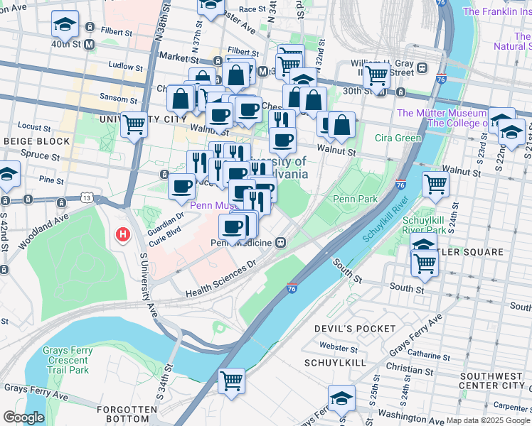 map of restaurants, bars, coffee shops, grocery stores, and more near 3260 South Street in Philadelphia