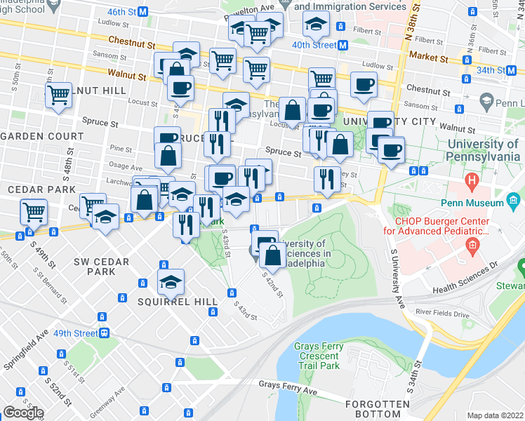 map of restaurants, bars, coffee shops, grocery stores, and more near 505 South 42nd Street in Philadelphia