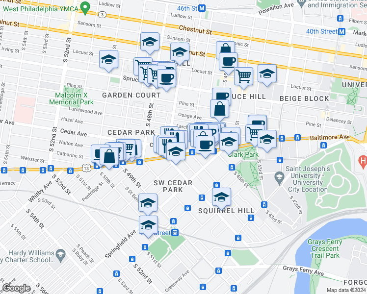 map of restaurants, bars, coffee shops, grocery stores, and more near 4623 Cedar Avenue in Philadelphia