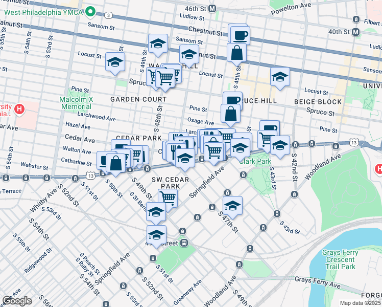 map of restaurants, bars, coffee shops, grocery stores, and more near 4623 Cedar Avenue in Philadelphia