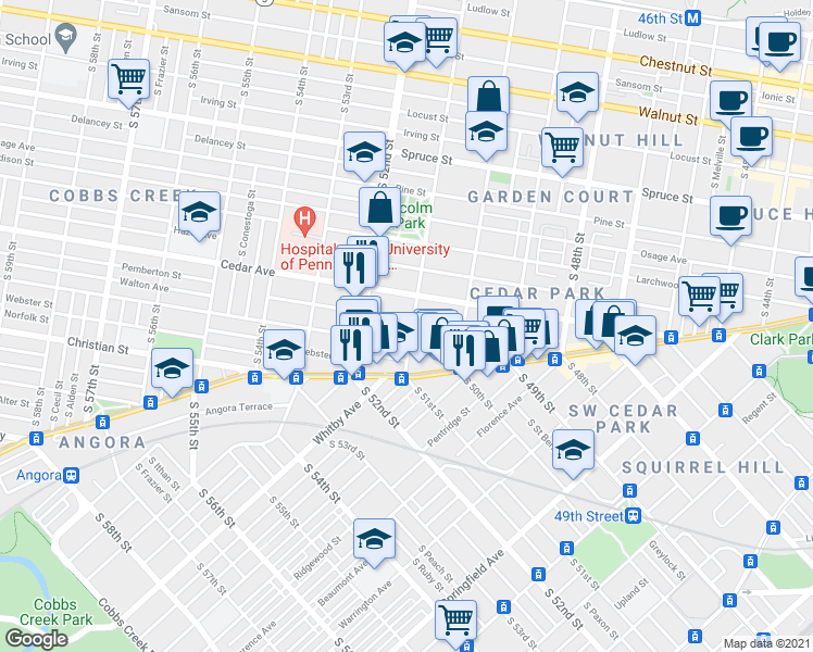 map of restaurants, bars, coffee shops, grocery stores, and more near 5051 Walton Avenue in Philadelphia