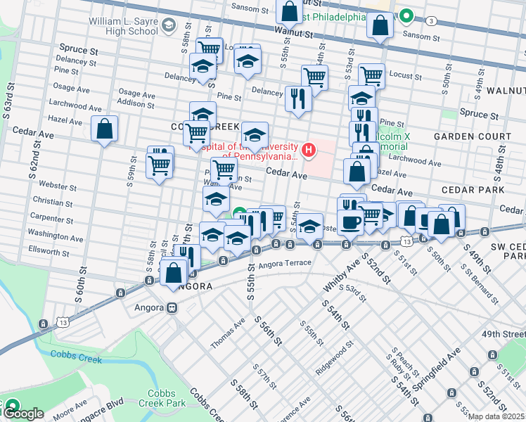 map of restaurants, bars, coffee shops, grocery stores, and more near 5448 Catharine Street in Philadelphia