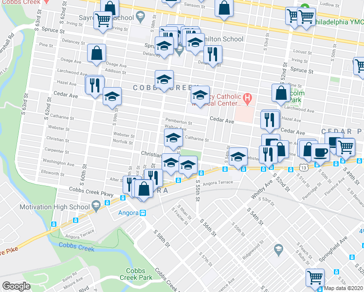 map of restaurants, bars, coffee shops, grocery stores, and more near 720 South 56th Street in Philadelphia