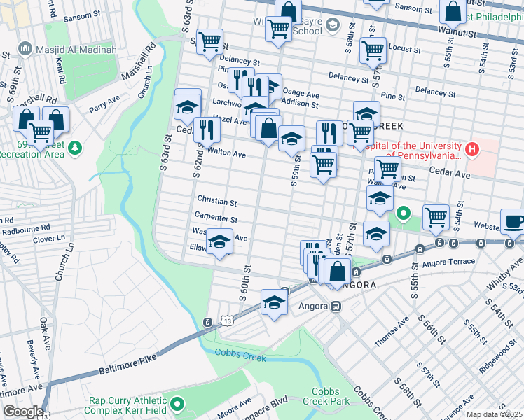 map of restaurants, bars, coffee shops, grocery stores, and more near 755 South 60th Street in Philadelphia
