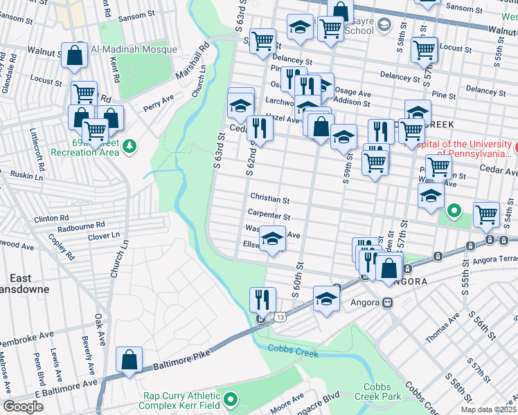 map of restaurants, bars, coffee shops, grocery stores, and more near 6112 Christian Street in Philadelphia
