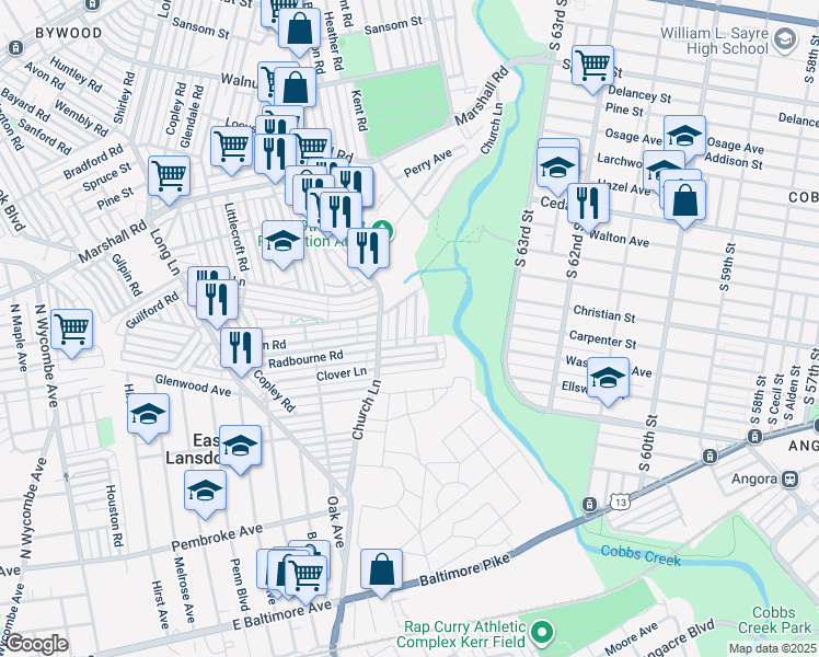 map of restaurants, bars, coffee shops, grocery stores, and more near 638 Briarcliff Road in Upper Darby