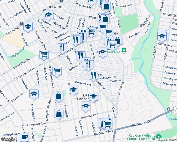 map of restaurants, bars, coffee shops, grocery stores, and more near 647 Long Lane in Delaware County
