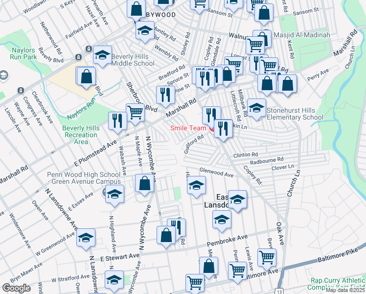map of restaurants, bars, coffee shops, grocery stores, and more near 22 Springton Road in Delaware County