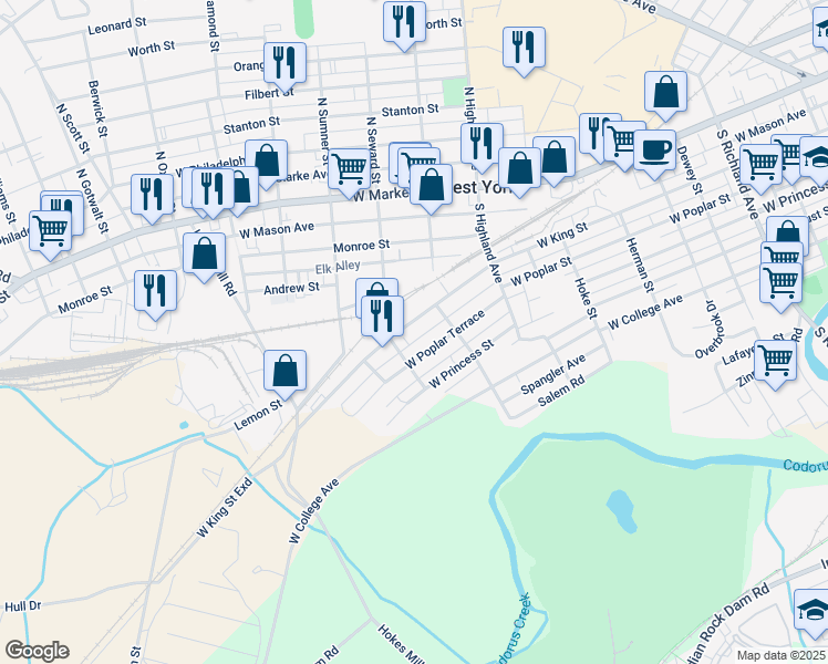 map of restaurants, bars, coffee shops, grocery stores, and more near 1548 West King Street in West York