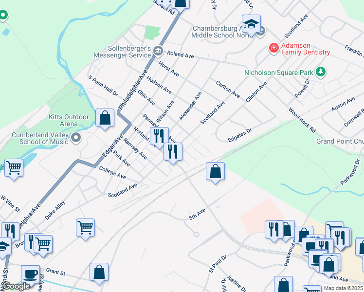 map of restaurants, bars, coffee shops, grocery stores, and more near 1400 Scotland Avenue in Chambersburg