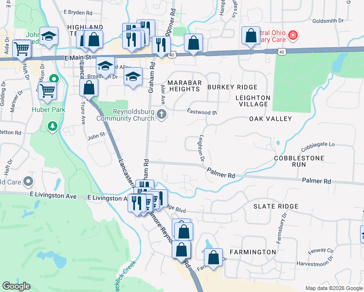 map of restaurants, bars, coffee shops, grocery stores, and more near 7684 Godfrey Circle in Reynoldsburg