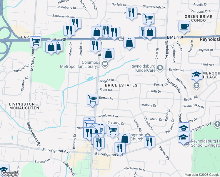 map of restaurants, bars, coffee shops, grocery stores, and more near 6333 Rygate Court in Reynoldsburg