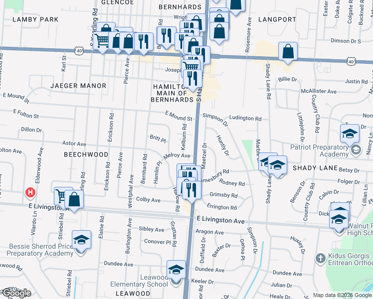 map of restaurants, bars, coffee shops, grocery stores, and more near 1247 South Hamilton Road in Columbus