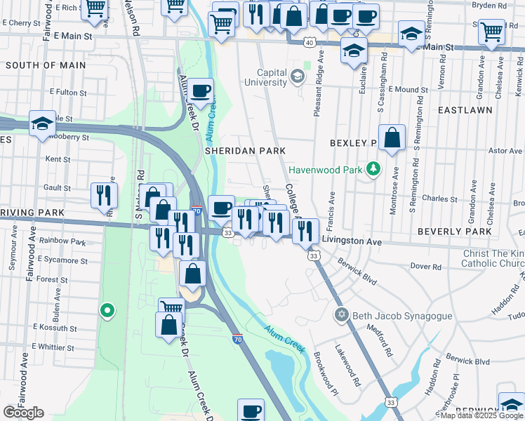 map of restaurants, bars, coffee shops, grocery stores, and more near 923 Sheridan Avenue in Bexley