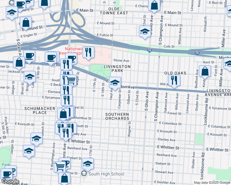 map of restaurants, bars, coffee shops, grocery stores, and more near 737 Carpenter Street in Columbus
