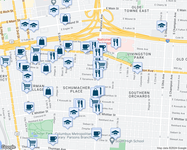map of restaurants, bars, coffee shops, grocery stores, and more near 50 May Alley in Columbus