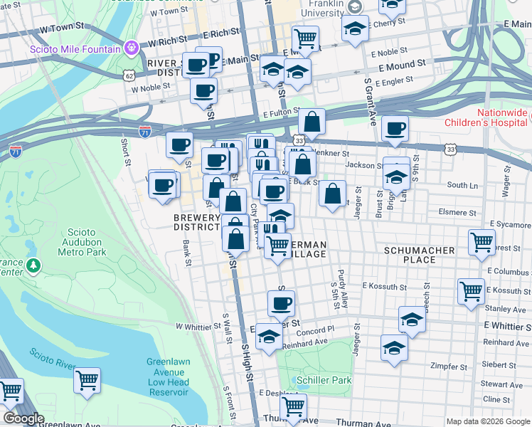 map of restaurants, bars, coffee shops, grocery stores, and more near 630 South 3rd Street in Columbus