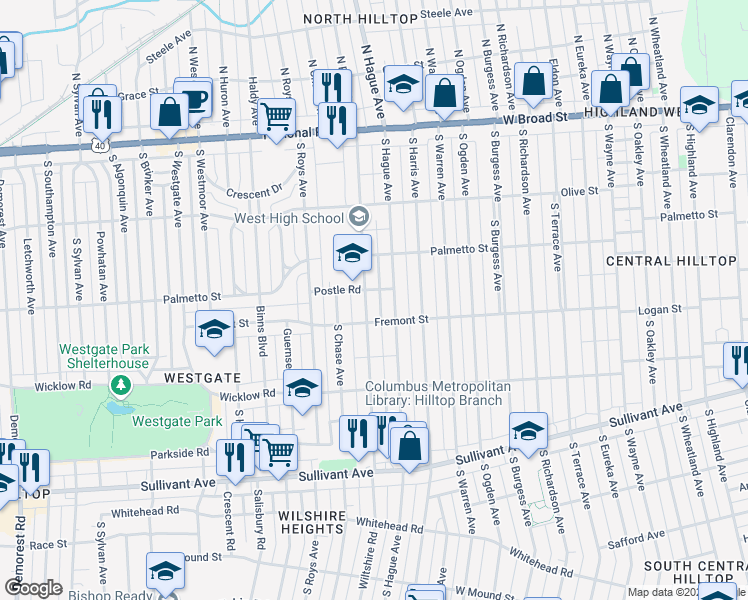 map of restaurants, bars, coffee shops, grocery stores, and more near 256 South Powell Avenue in Columbus