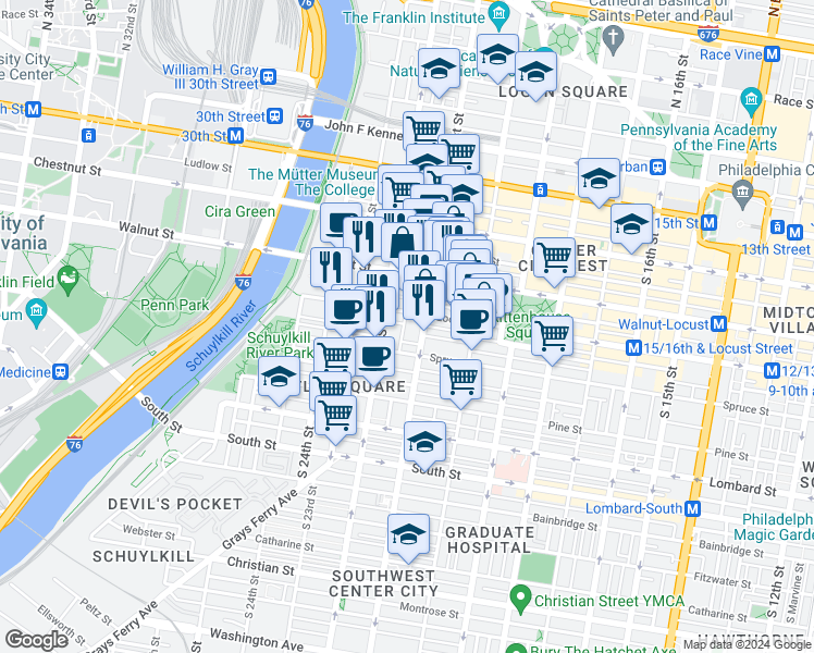 map of restaurants, bars, coffee shops, grocery stores, and more near 253 South Van Pelt Street in Philadelphia