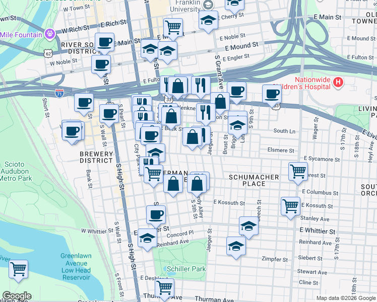 map of restaurants, bars, coffee shops, grocery stores, and more near 220 East Sycamore Street in Columbus