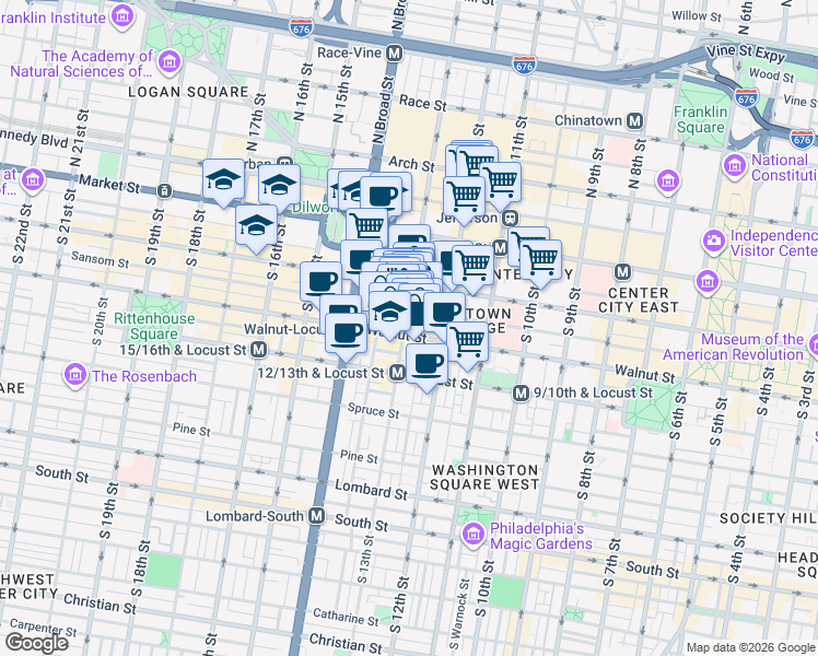 map of restaurants, bars, coffee shops, grocery stores, and more near 145 South 13th Street in Philadelphia