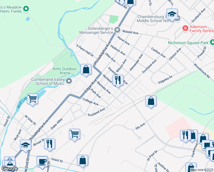 map of restaurants, bars, coffee shops, grocery stores, and more near 1216 Wilson Avenue in Chambersburg