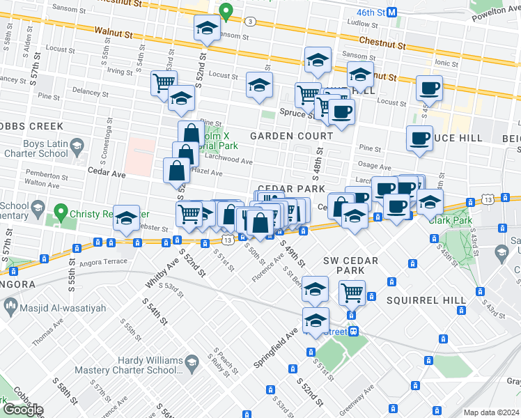 map of restaurants, bars, coffee shops, grocery stores, and more near 4933 Walton Ave in Philadelphia
