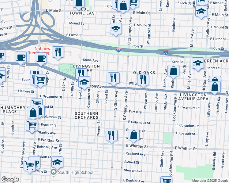 map of restaurants, bars, coffee shops, grocery stores, and more near 1003 East Livingston Avenue in Columbus