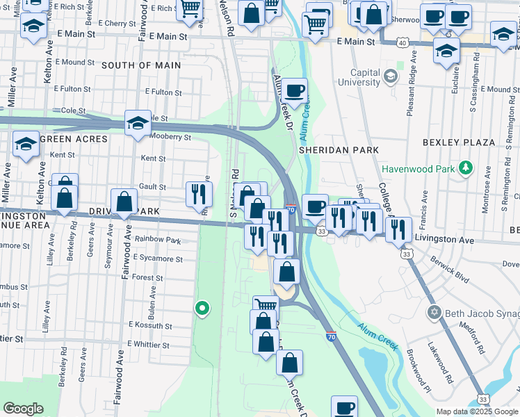 map of restaurants, bars, coffee shops, grocery stores, and more near 1943 Gault Street in Columbus