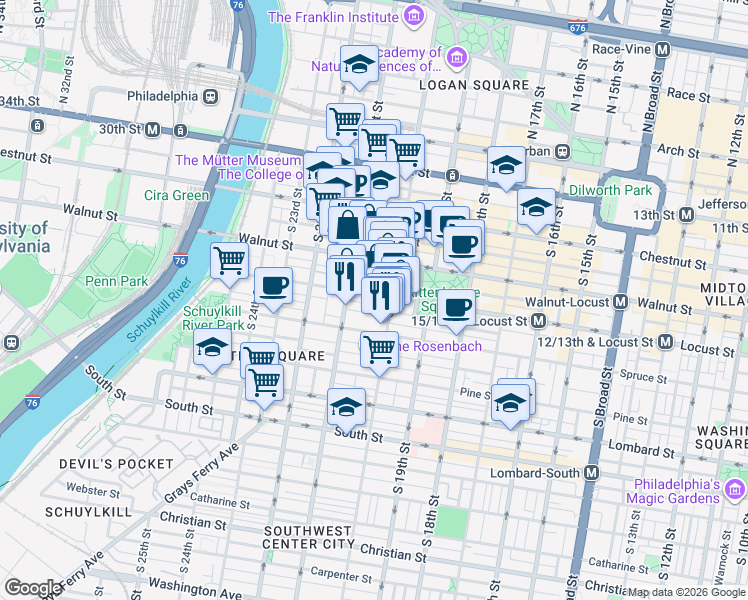 map of restaurants, bars, coffee shops, grocery stores, and more near 259 South 21st Street in Philadelphia