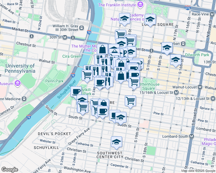 map of restaurants, bars, coffee shops, grocery stores, and more near 242 South 22nd Street in Philadelphia
