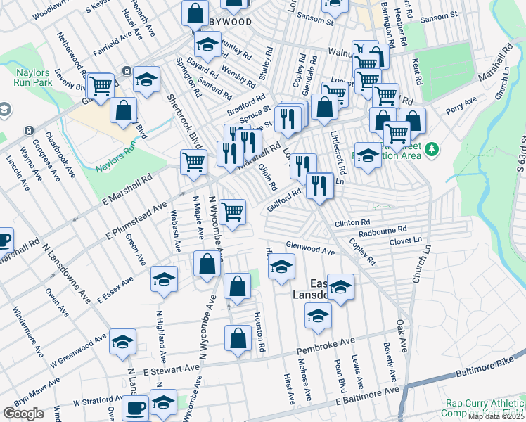 map of restaurants, bars, coffee shops, grocery stores, and more near 7297 Guilford Road in Upper Darby