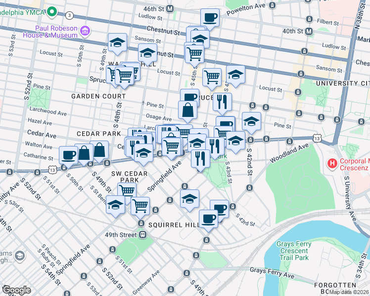 map of restaurants, bars, coffee shops, grocery stores, and more near 4435 Baltimore Avenue in Philadelphia