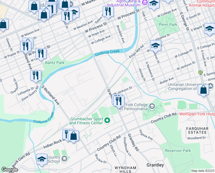 map of restaurants, bars, coffee shops, grocery stores, and more near 725 Grantley Road in York
