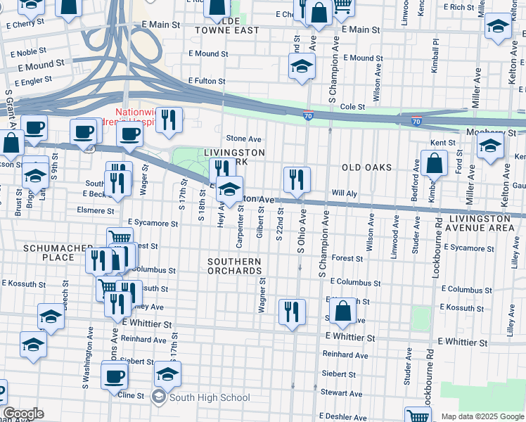 map of restaurants, bars, coffee shops, grocery stores, and more near 761 Denton Alley in Columbus