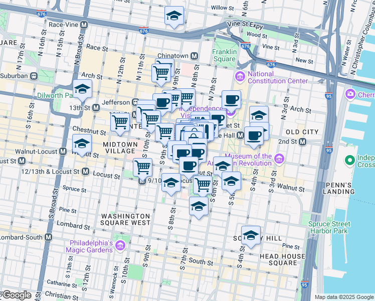 map of restaurants, bars, coffee shops, grocery stores, and more near 729 Sansom Street in Philadelphia