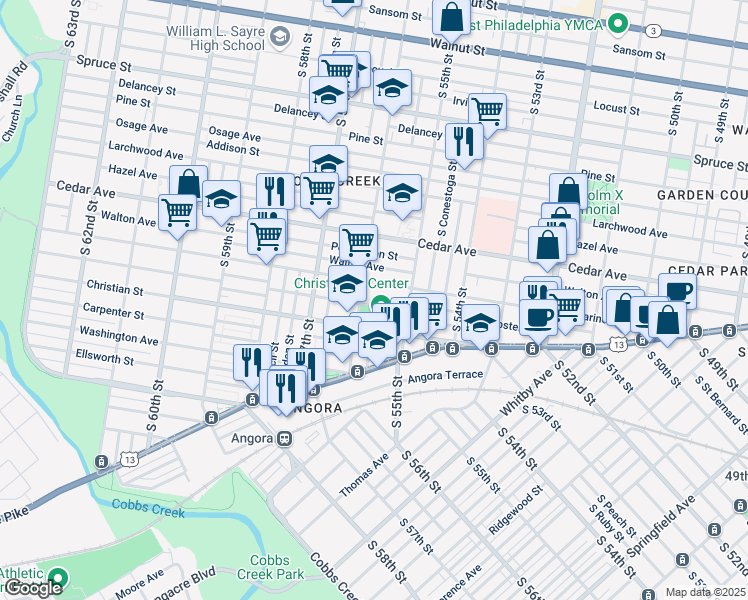 map of restaurants, bars, coffee shops, grocery stores, and more near 5549 Webster Street in Philadelphia