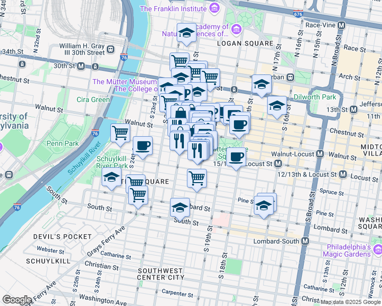 map of restaurants, bars, coffee shops, grocery stores, and more near 2028 Locust Street in Philadelphia