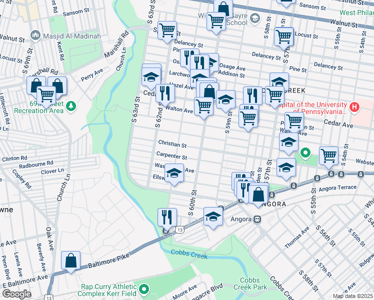map of restaurants, bars, coffee shops, grocery stores, and more near 6028 Christian Street in Philadelphia