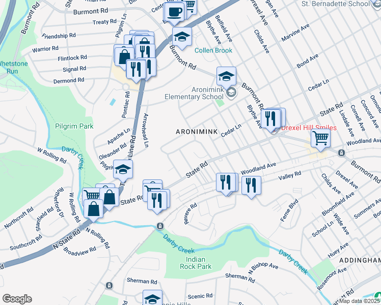 map of restaurants, bars, coffee shops, grocery stores, and more near 824 Cedar Avenue in Upper Darby