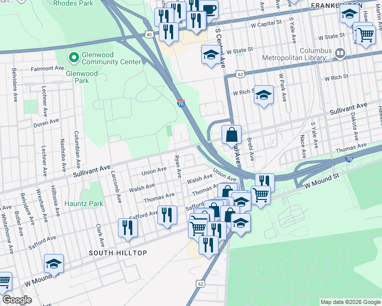 map of restaurants, bars, coffee shops, grocery stores, and more near 389 Martha Avenue in Columbus