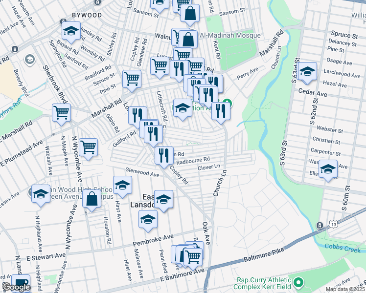 map of restaurants, bars, coffee shops, grocery stores, and more near 608 Millbank Road in Delaware County