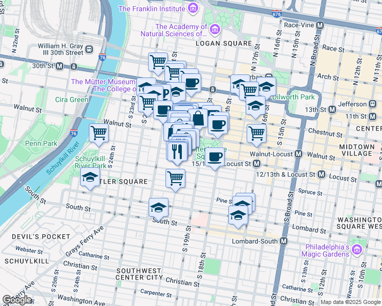 map of restaurants, bars, coffee shops, grocery stores, and more near 230 West Rittenhouse Square in Philadelphia