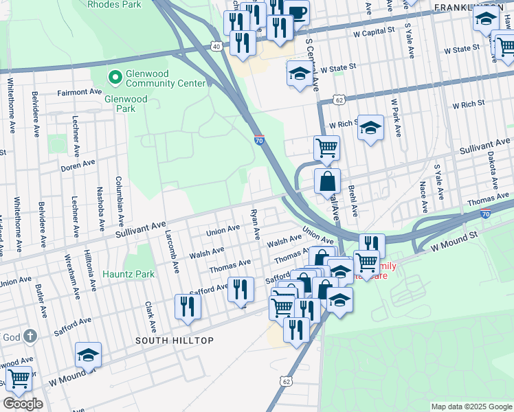 map of restaurants, bars, coffee shops, grocery stores, and more near 1601 Sullivant Avenue in Columbus