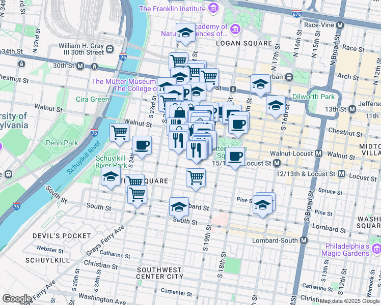 map of restaurants, bars, coffee shops, grocery stores, and more near 2028 Locust Street in Philadelphia