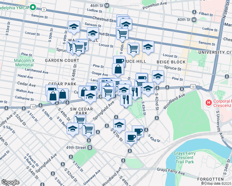 map of restaurants, bars, coffee shops, grocery stores, and more near 532 South 45th Street in Philadelphia
